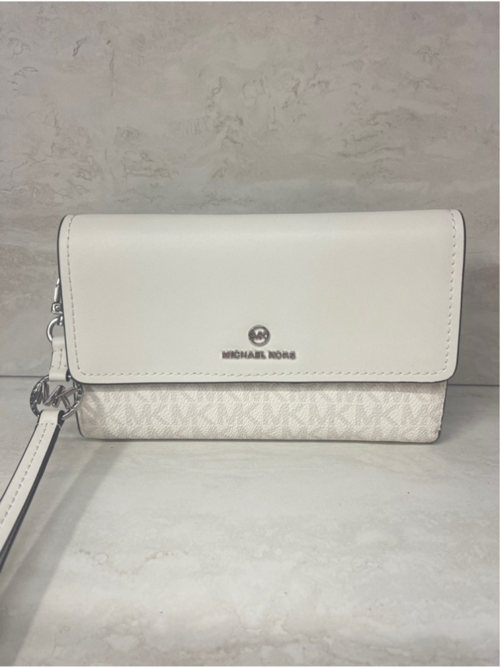 Michael Kors Jet Set Charm Large Flap Wristlet/Wallet Optic White/Aluminum Logo